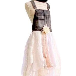 Black Denim Overalls Multilayer Lace Midi Flowing Dress NEW